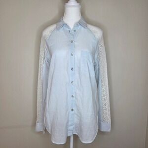 Striped Crochet Sleeve Cotton Button Down Shirt Coastal‎ Cottagecore Size M